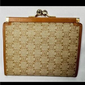 Vintage Celine Tan & Brown Triomphe Canvas Kiss-Lock Wallet w/ COA